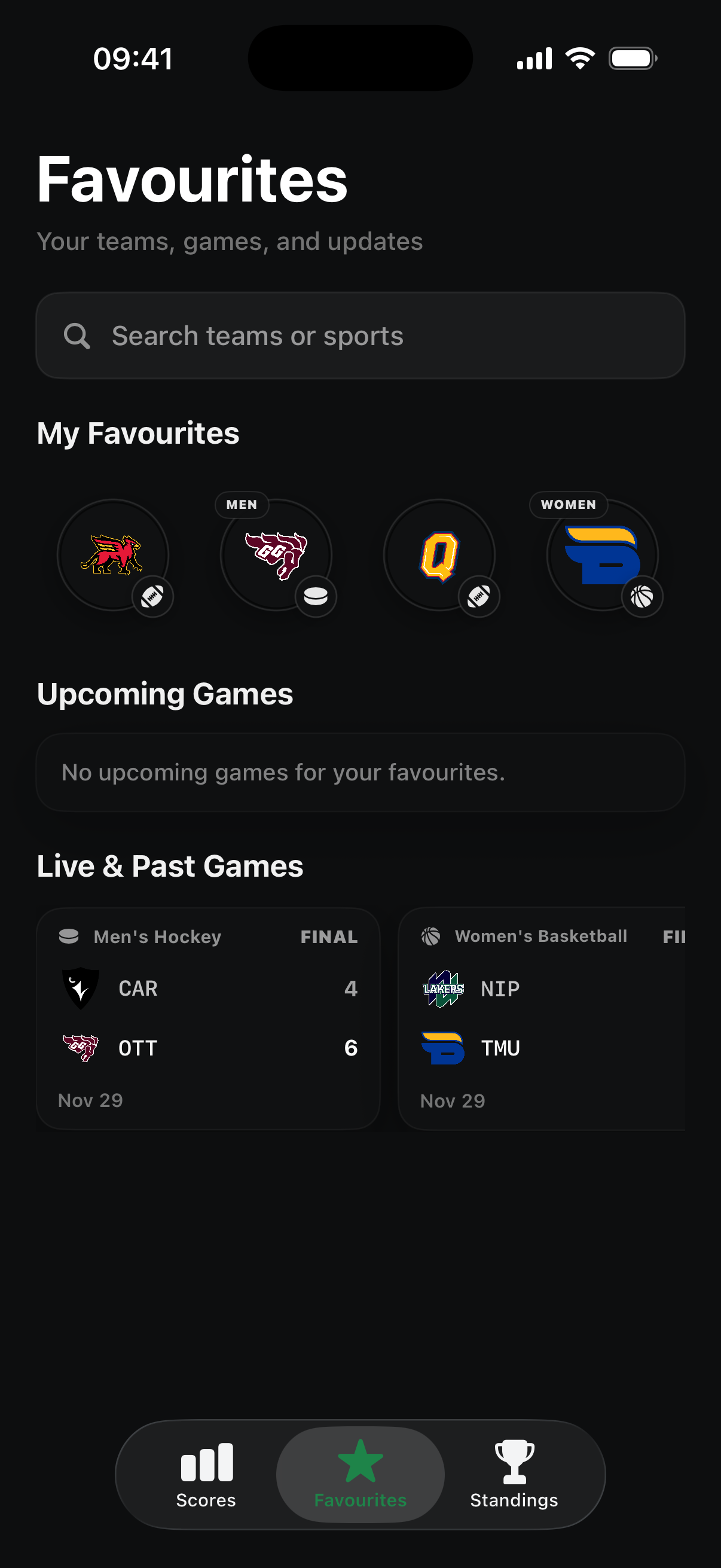 Favourites screen